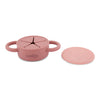 Raspberry pink Cubkins snack cup shown with the dust-proof silicone lid removed to display the soft star-slit opening.