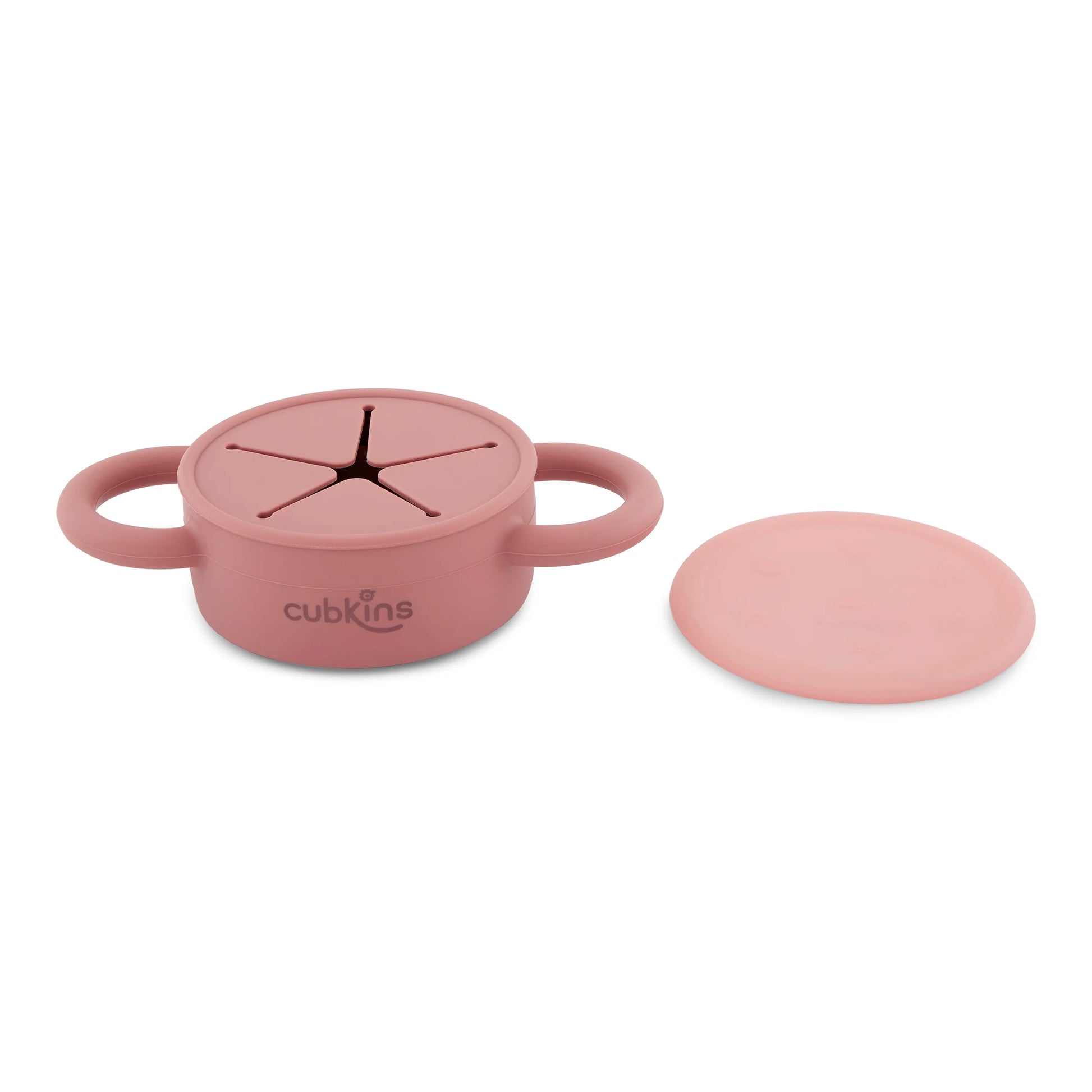 Raspberry pink Cubkins snack cup shown with the dust-proof silicone lid removed to display the soft star-slit opening.