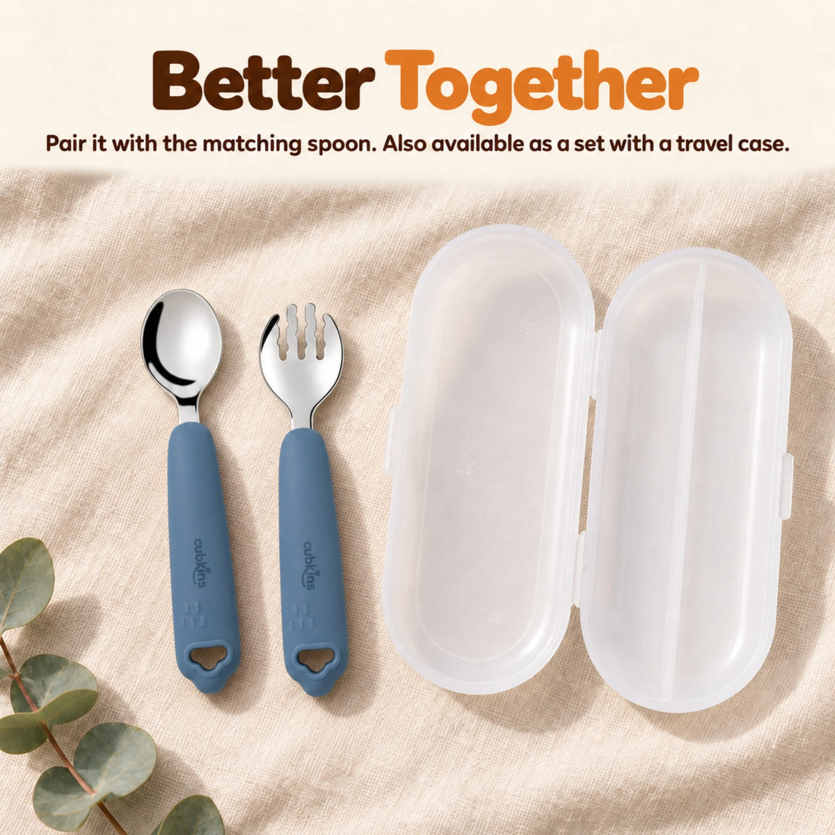 Cubkins blue olive steel toddler fork with the matching spoon and the spoon-and-fork travel case on cream linen