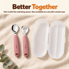 Cubkins raspberry steel toddler fork with the matching spoon and the spoon-and-fork travel case on cream linen