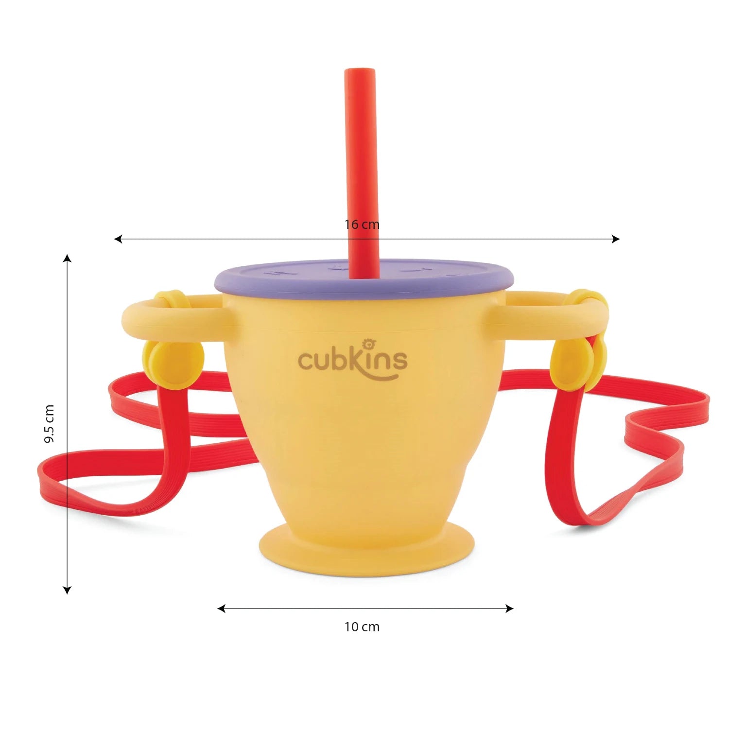Cubkins 2-in-1 cup measurements: 16cm total width, 9.5cm cup height, and 10cm base diameter for stability.
