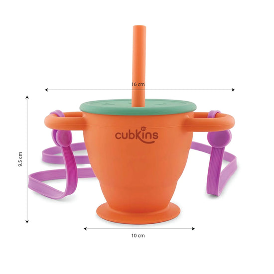 Cubkins 2-in-1 cup measurements: 16cm total width, 9.5cm cup height, and 10cm base diameter for stability.