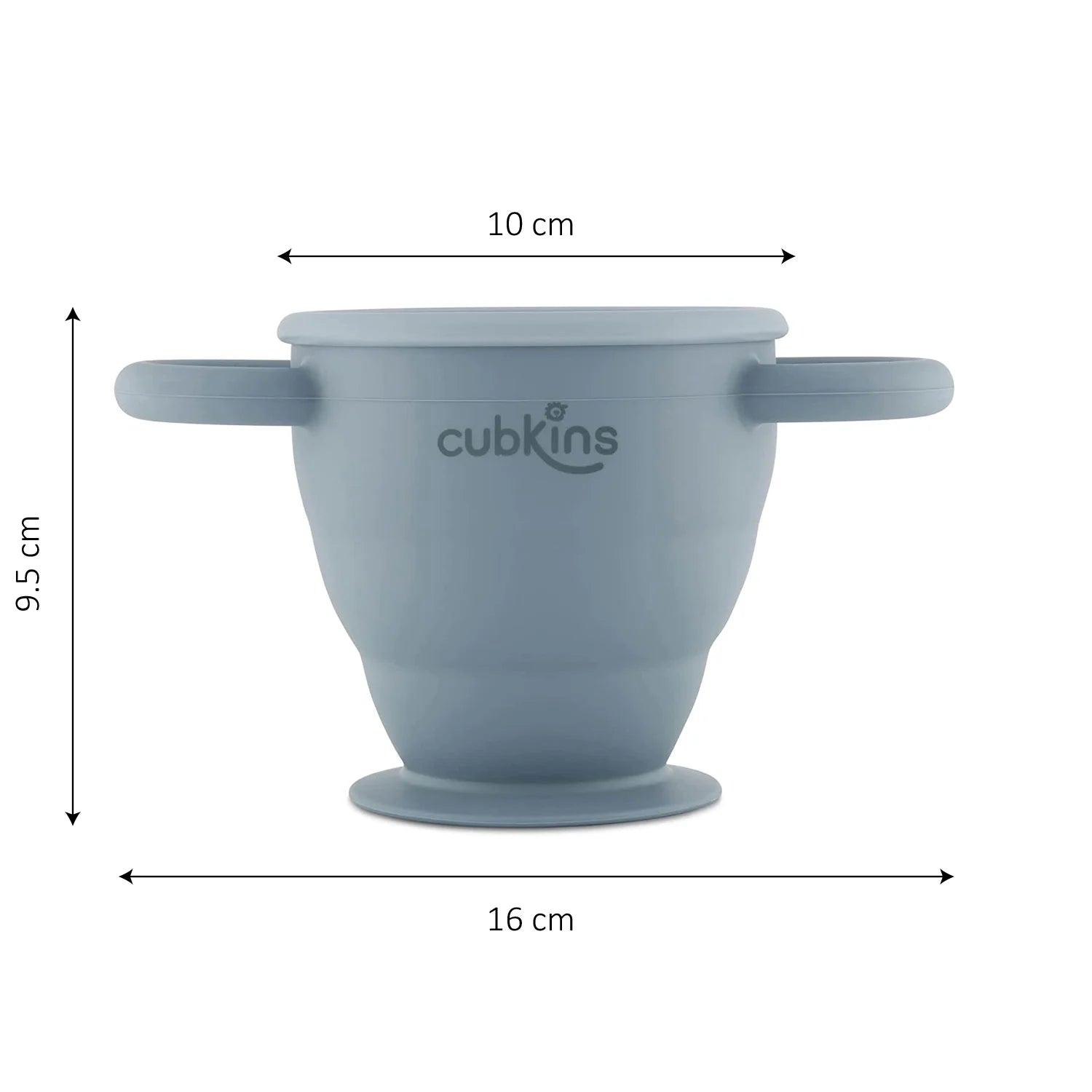 Technical view of the Cubkins snack cup dimensions: 10cm top diameter, 9.5cm height, and 16cm total width.