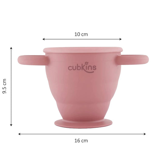 Technical view of the Cubkins snack cup dimensions: 10cm top diameter, 9.5cm height, and 16cm total width.