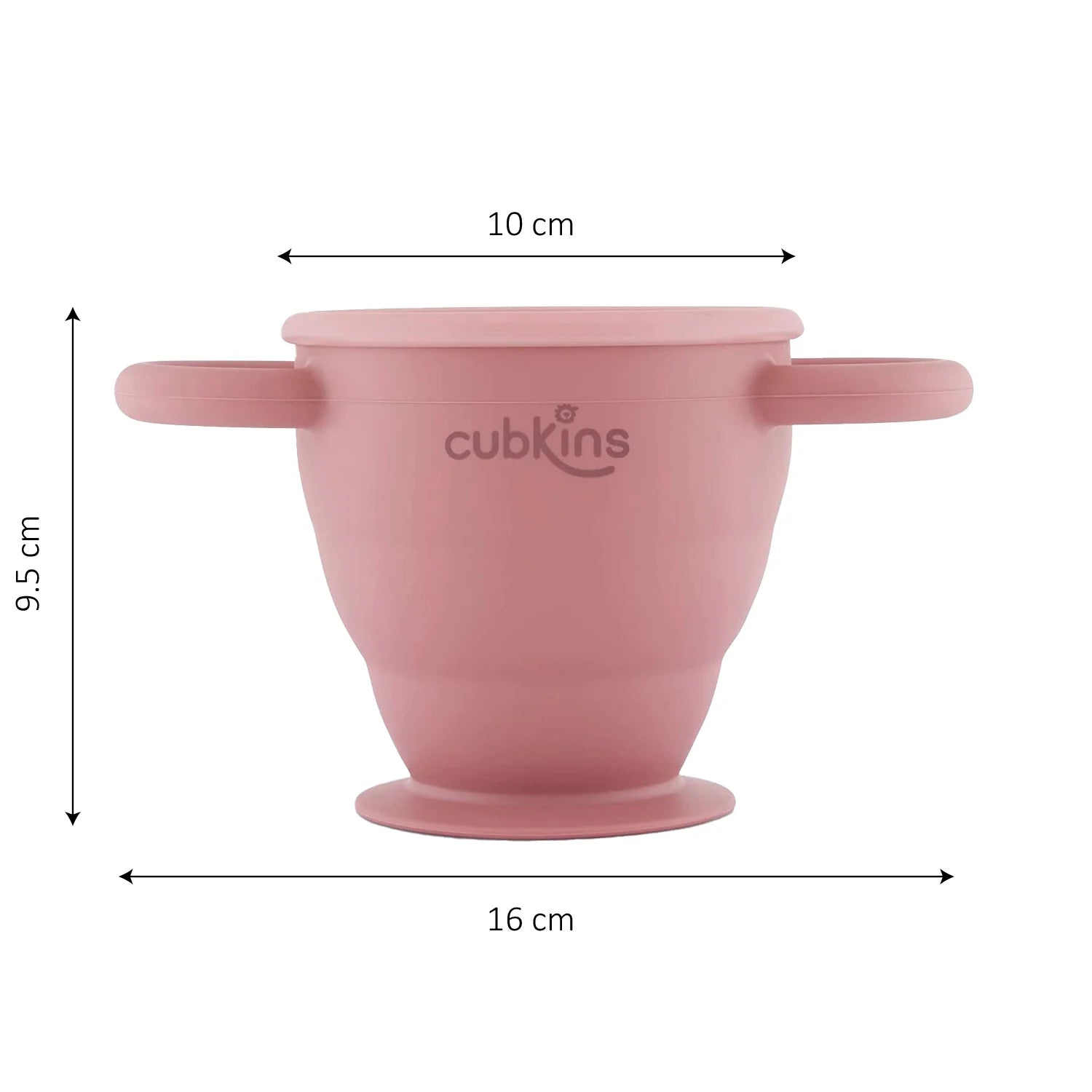 Technical view of the Cubkins snack cup dimensions: 10cm top diameter, 9.5cm height, and 16cm total width.