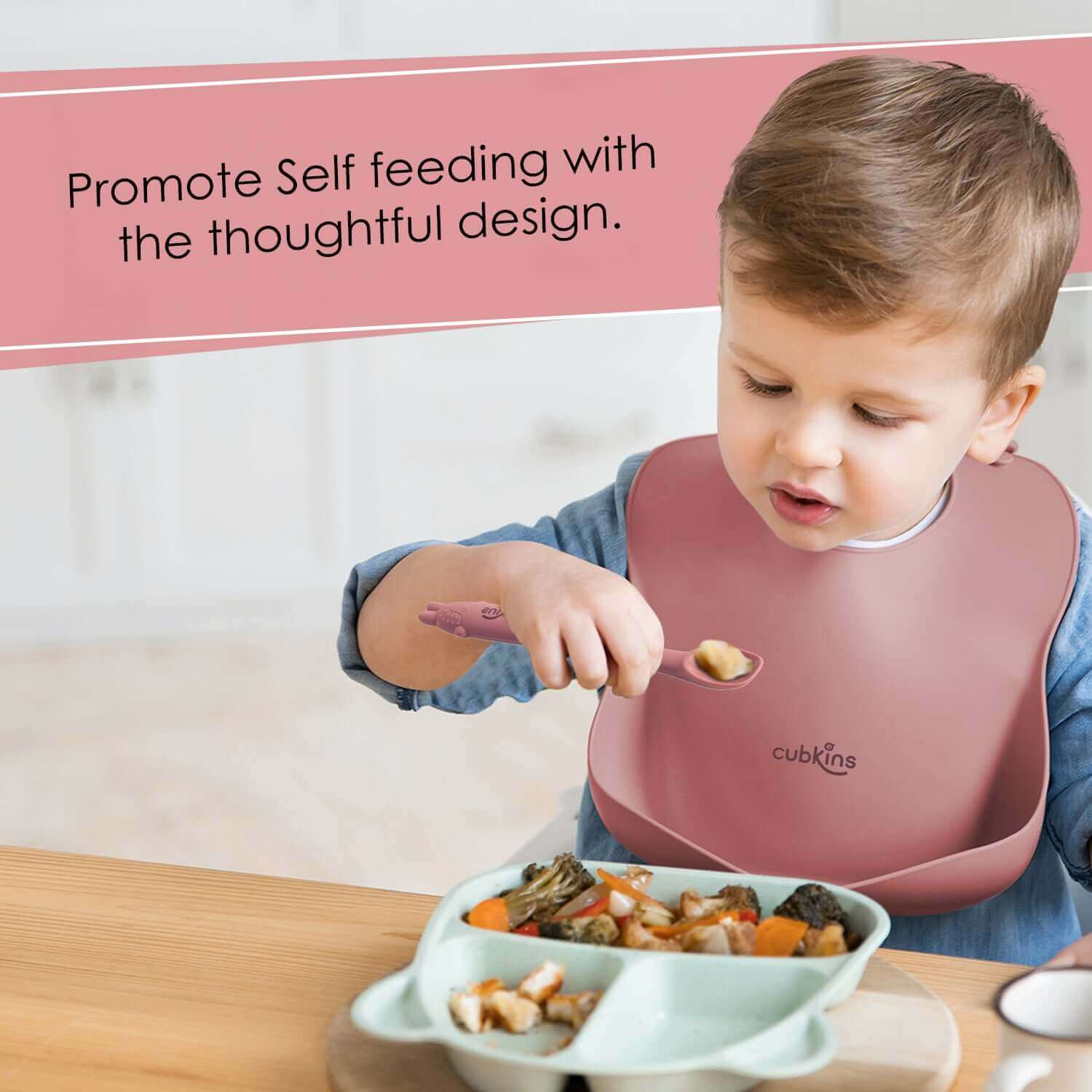 A specially designed early feeing bendable spoon + Lightweight, easily foldable food catcher | Bib | Baby feeding spoon | Silicone baby feeding product | Zero Plastic