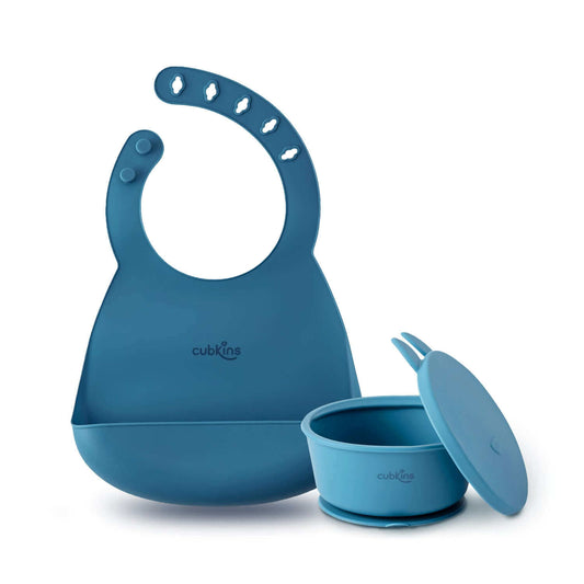 Lightweight, easily foldable with a large food catcher + Silicone Bowl with a strong suction base to prevent spills and a fun design lid to keep food fresh. ZERO PLASTIC. Premium quality silicone. Baby Feeding Set.