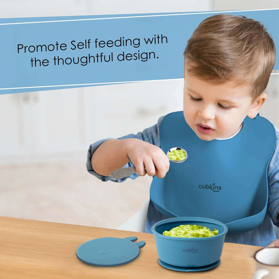 Lightweight, easily foldable with a large food catcher + Silicone Bowl with a strong suction base to prevent spills and a fun design lid to keep food fresh. ZERO PLASTIC. Premium quality silicone. Baby Feeding Set.