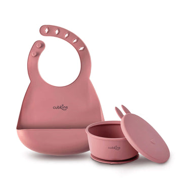 Lightweight, easily foldable with a large food catcher + Silicone Bowl with a strong suction base to prevent spills and a fun design lid to keep food fresh. ZERO PLASTIC. Premium quality silicone. Baby Feeding Set.