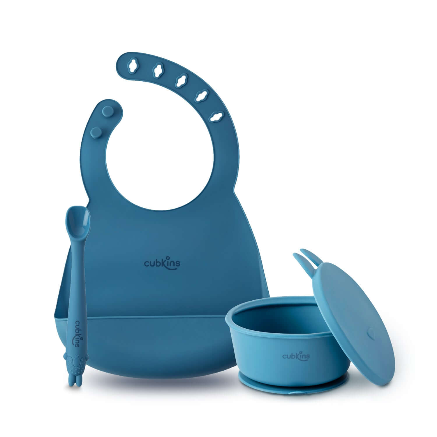 Baby Feeding Bundle: A Lightweight, easily foldable with a large food catcher+ a spill prevent bowl with a strong suction base + A fun design lid to keep food fresh + A specially designed early feeing bendable spoon. Zero Plastic. Premium Quality Silicone