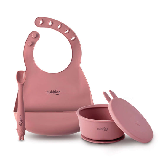 Baby Feeding Bundle: A Lightweight, easily foldable with a large food catcher+ a spill prevent bowl with a strong suction base + A fun design lid to keep food fresh + A specially designed early feeing bendable spoon. Zero Plastic. Premium Quality Silicone