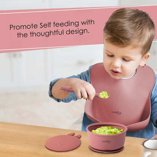 Baby Feeding Bundle: A Lightweight, easily foldable with a large food catcher+ a spill prevent bowl with a strong suction base + A fun design lid to keep food fresh + A specially designed early feeing bendable spoon. Zero Plastic. Premium Quality Silicone