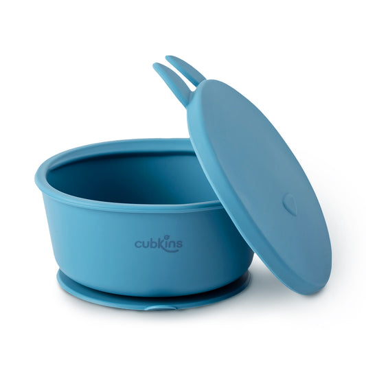 Silicone Bowl with a strong suction base to prevent spills and a fun design lid to keep food fresh. Contains ZERO PLASTIC. Made with premium quality silicone. Baby feeding product.