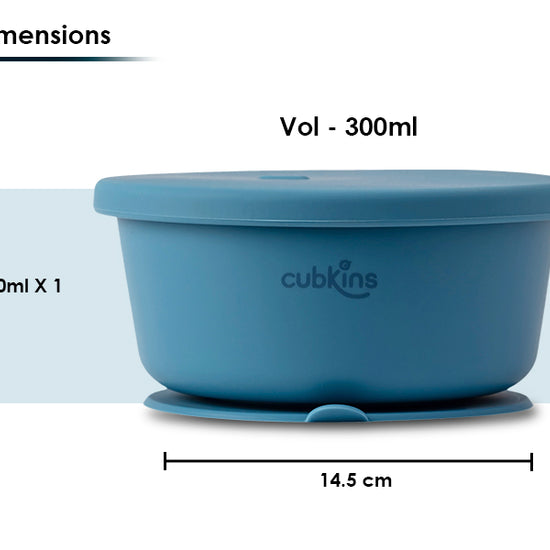 Silicone Bowl with a strong suction base to prevent spills and a fun design lid to keep food fresh. Contains ZERO PLASTIC. Made with premium quality silicone. Baby feeding product.