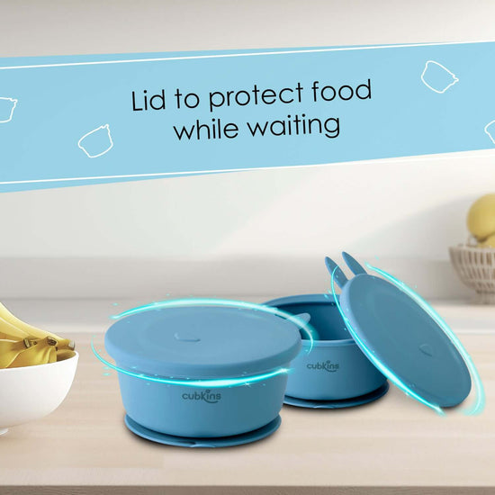 Silicone Bowl with a strong suction base to prevent spills and a fun design lid to keep food fresh. Contains ZERO PLASTIC. Made with premium quality silicone.