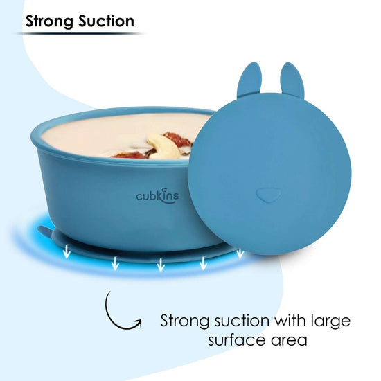 Silicone Bowl with a strong suction base to prevent spills and a fun design lid to keep food fresh. Contains ZERO PLASTIC. Made with premium quality silicone.