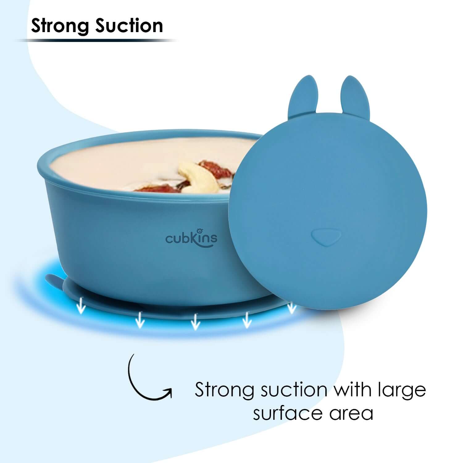 Silicone Bowl with a strong suction base to prevent spills and a fun design lid to keep food fresh. Contains ZERO PLASTIC. Made with premium quality silicone.