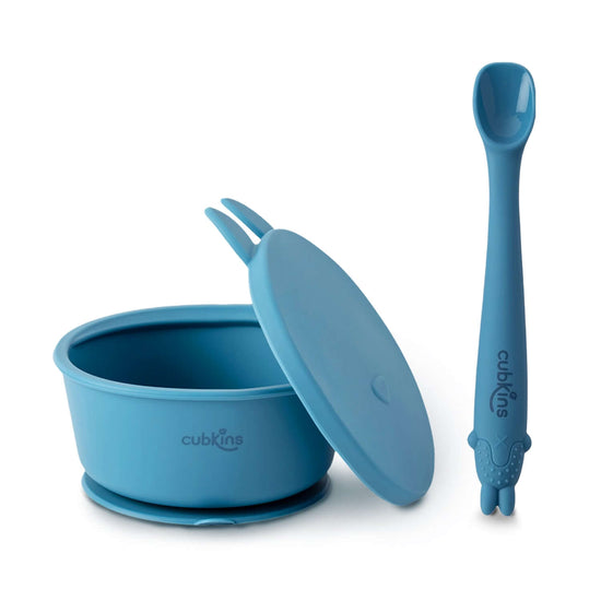 Baby Feeding Bundle: A spill prevent bowl with a strong suction base+ A fun design lid to keep food fresh + A specially designed early feeing bendable spoon. Zero Plastic. Premium Quality Silicone.