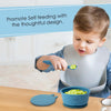 Baby Feeding Bundle: A spill prevent bowl with a strong suction base+ A fun design lid to keep food fresh + A specially designed early feeing bendable spoon. Zero Plastic. Premium Quality Silicone.