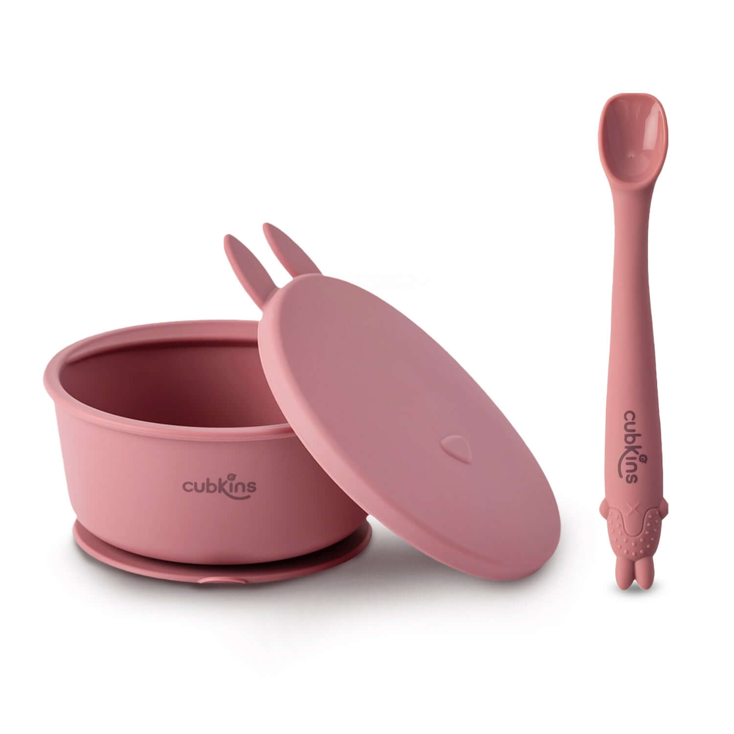 Baby Feeding Bundle: A spill prevent bowl with a strong suction base+ A fun design lid to keep food fresh + A specially designed early feeing bendable spoon. Zero Plastic. Premium Quality Silicone.