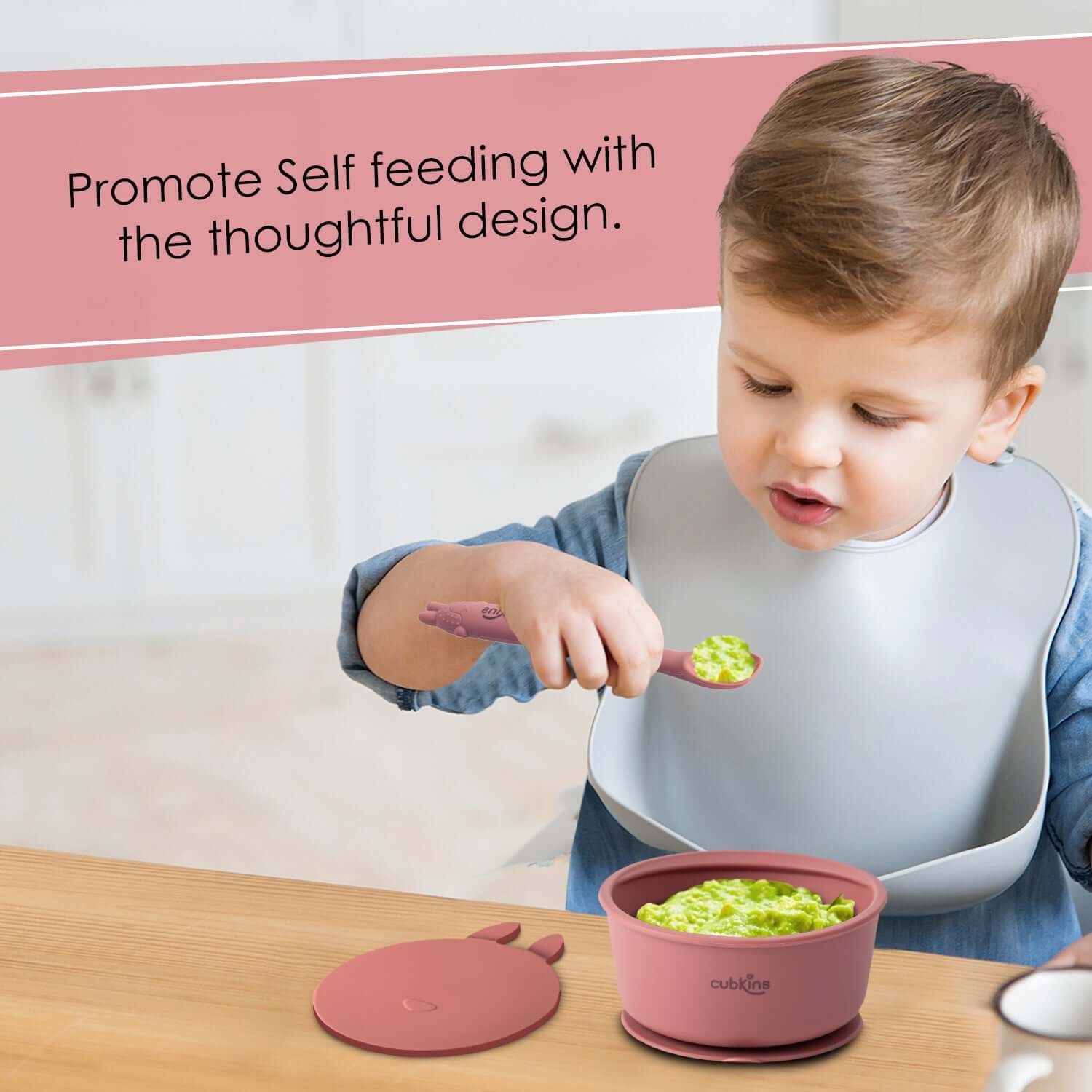 Baby Feeding Bundle: A spill prevent bowl with a strong suction base+ A fun design lid to keep food fresh + A specially designed early feeing bendable spoon. Zero Plastic. Premium Quality Silicone.