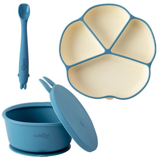 Bowl plate and bendable spoon set blue olive