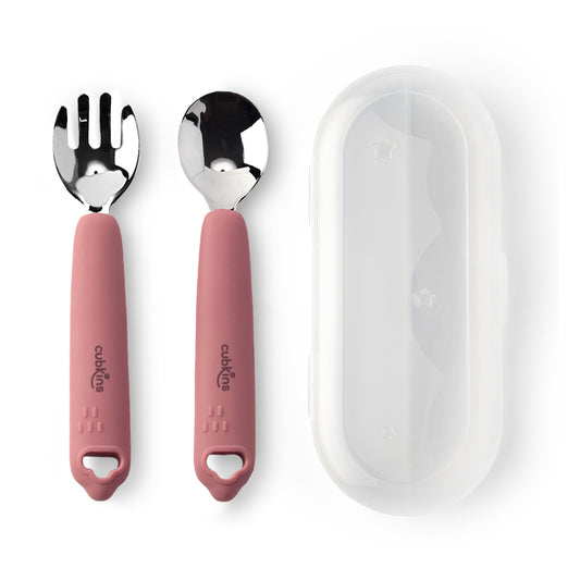 SPOON & FORK SET WITH TRAVEL BOX (w Stainless Steel Heads) | Cubkins