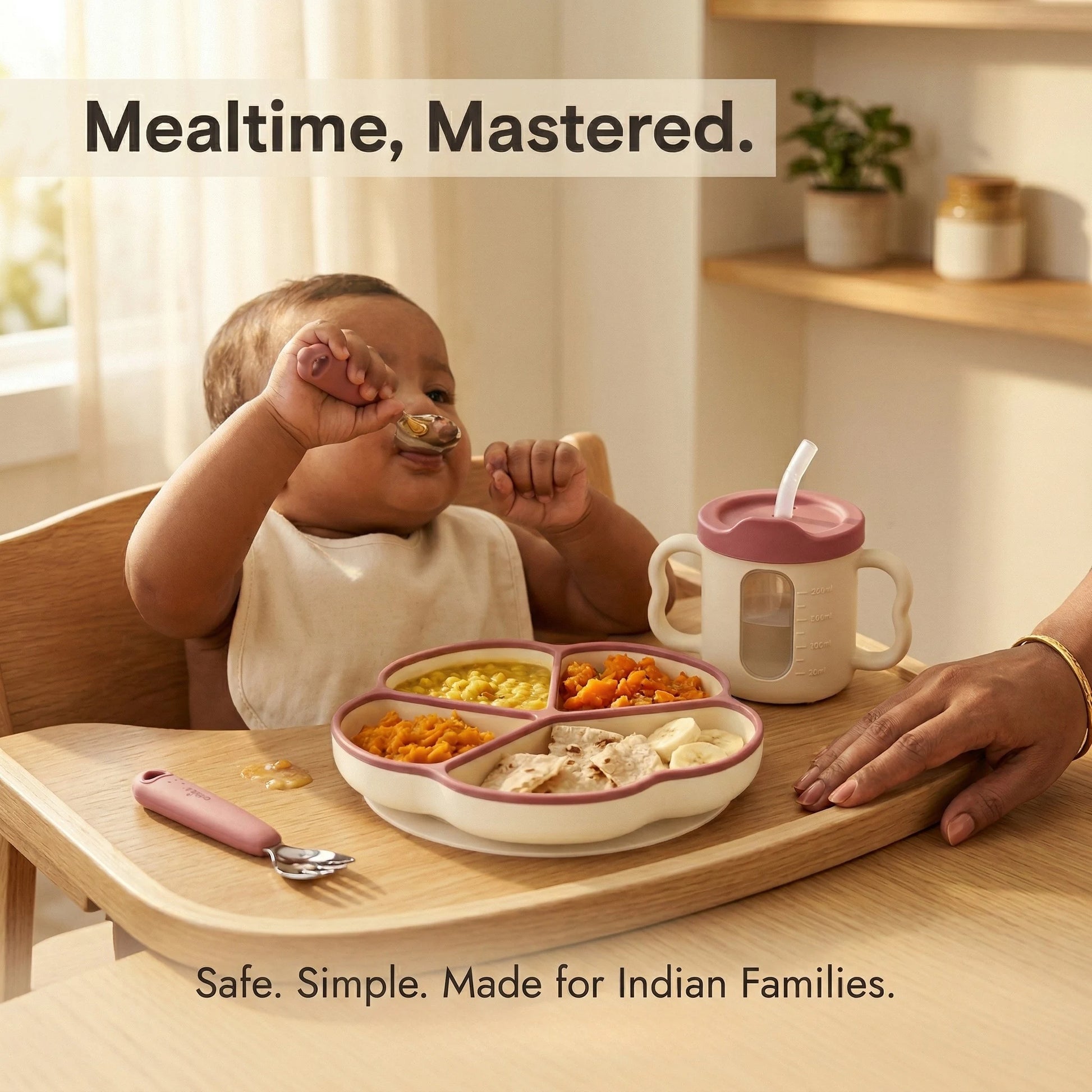 Indian baby self-feeding with Cubkins raspberry spoon at highchair tray — suction plate loaded with dal, gajar, roti and banana, straw training cup alongside, parent's hand steadying the tray