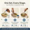Infographic showing Cubkins Blue Olive 4-piece set across three feeding stages — 6 months parent-assisted first foods, 12 months self-feeding begins with spoon fork and straw, 18 months to 3 years independent toddler eating — with product icons for each stage