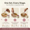 Infographic showing Cubkins Raspberry 4-piece set across three feeding stages — 6 months parent-assisted first foods, 12 months self-feeding begins with spoon fork and straw, 18 months to 3 years independent toddler eating — with product icons for each stage