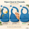 3-step cleaning demonstration of Cubkins blue bib after khichdi: messy bib, quick wipe with cloth, clean bib in seconds - no soaking or laundry needed