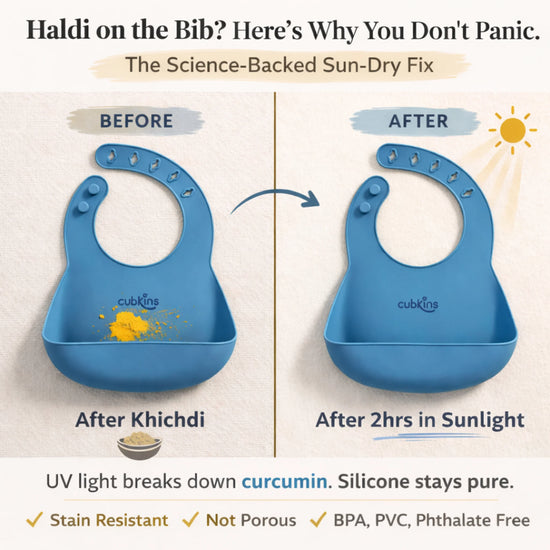 Cubkins blue silicone bib haldi stain resistance test showing before with turmeric stains and after 2 hours sunlight exposure - completely clean and stain-free