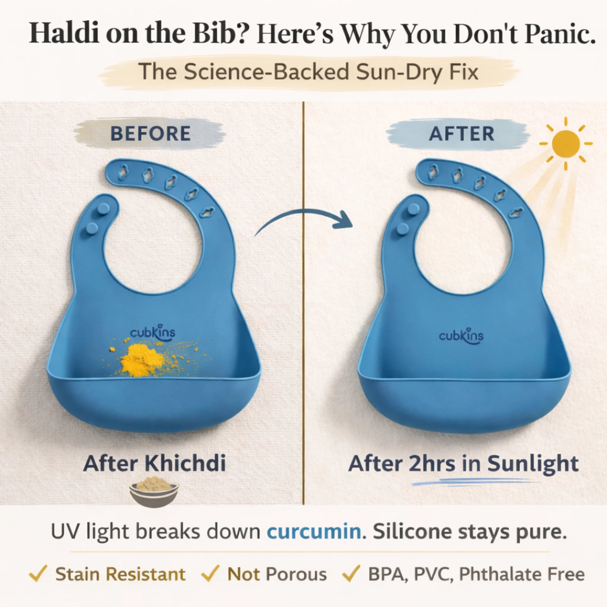 Cubkins blue silicone bib haldi stain resistance test showing before with turmeric stains and after 2 hours sunlight exposure - completely clean and stain-free