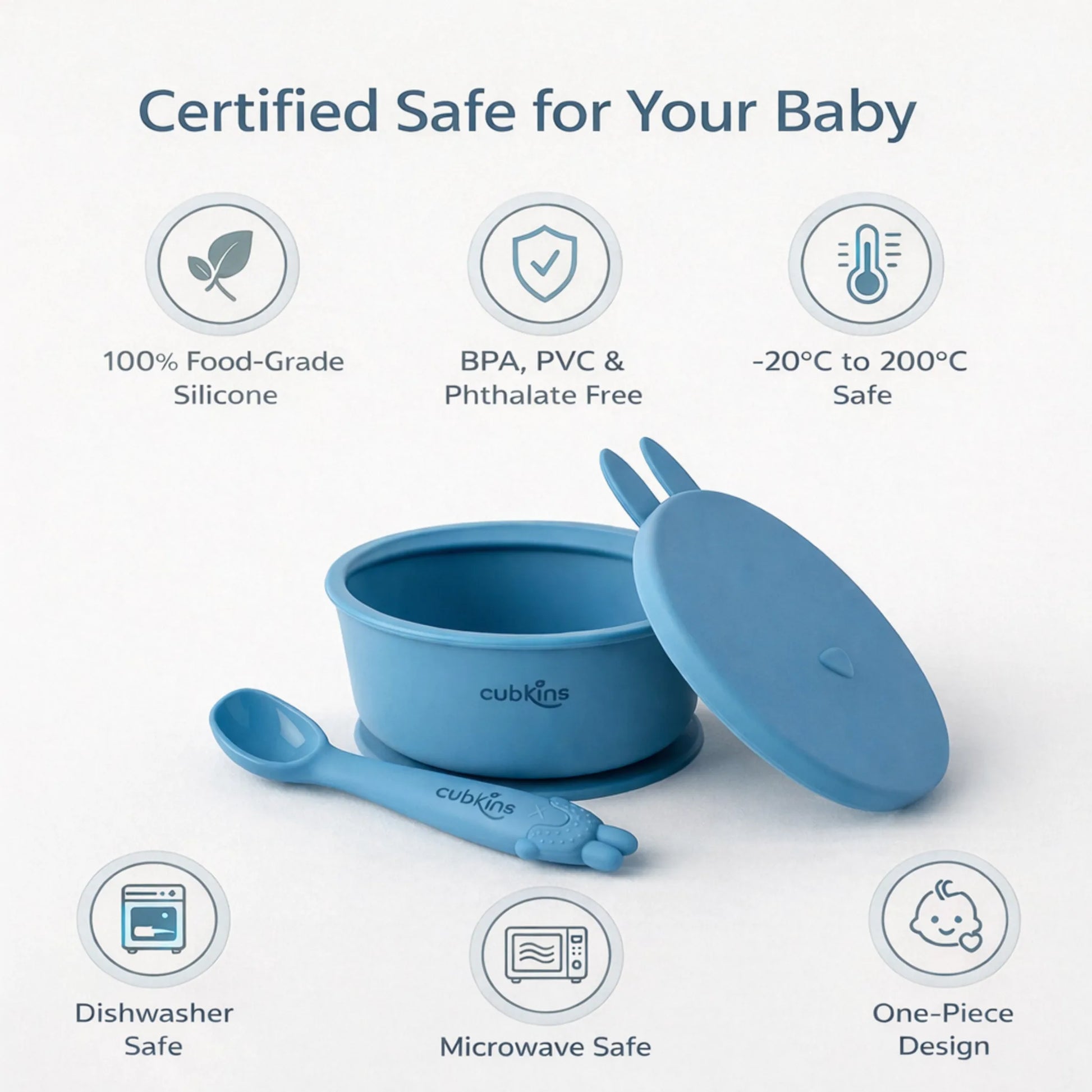 Cubkins blue baby bowl set safety certifications BPA free food-grade silicone dishwasher microwave safe