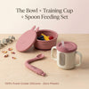 Cubkins 3-piece baby feeding set in Raspberry — silicone suction bowl with bunny-ear lid, 3-in-1 training cup with straw, and bendable spoon. 100% food-grade silicone, zero plastic.