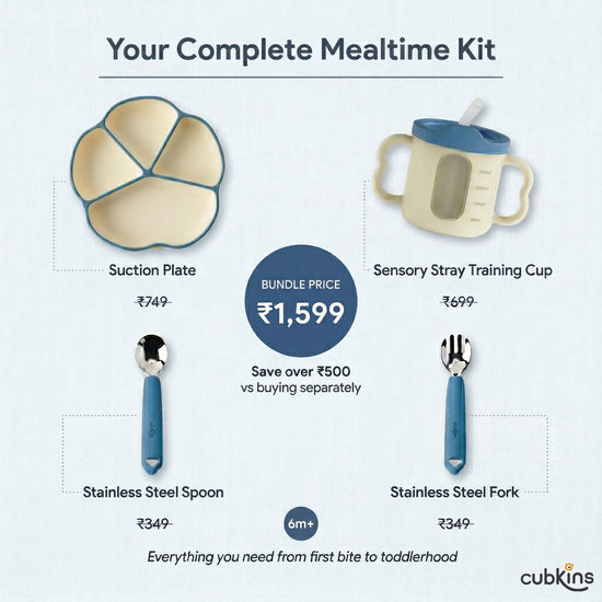 Cubkins Complete Mealtime Kit bundle pricing infographic in Blue Olive — suction plate at Rs. 749, sensory straw training cup at Rs. 699, steel spoon at Rs. 349, steel fork at Rs. 349, all for a bundle price of Rs. 1,599 — save over Rs. 500 vs buying separately