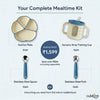 Cubkins Complete Mealtime Kit bundle pricing infographic in Blue Olive — suction plate at Rs. 749, sensory straw training cup at Rs. 699, steel spoon at Rs. 349, steel fork at Rs. 349, all for a bundle price of Rs. 1,599 — save over Rs. 500 vs buying separately