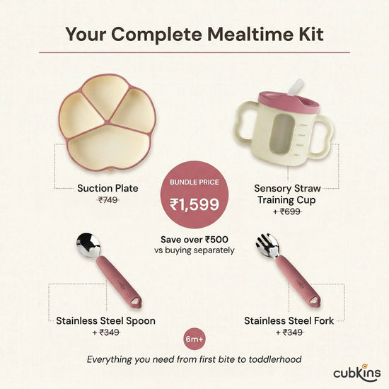 Cubkins Complete Mealtime Kit bundle pricing infographic in Raspberry — suction plate at Rs. 749, sensory straw training cup at Rs. 699, steel spoon at Rs. 349, steel fork at Rs. 349, all for a bundle price of Rs. 1,599 — save over Rs. 500 vs buying separately