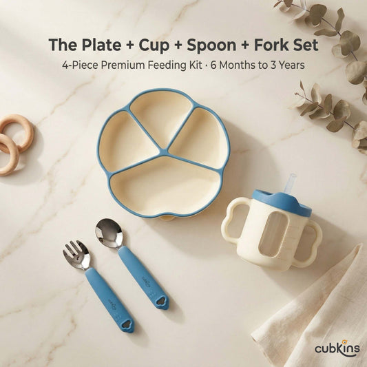 Cubkins 4-piece baby feeding set in Blue Olive — silicone suction plate, sensory straw training cup, 304-grade steel spoon and fork with silicone handles, for ages 6 months to 3 years