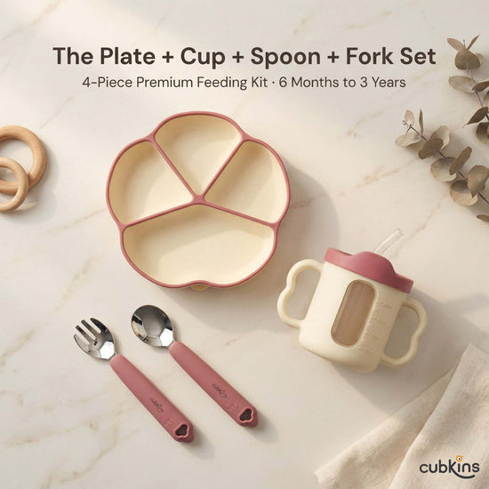 Cubkins 4-piece baby feeding set in Raspberry — silicone suction plate, sensory straw training cup, 304-grade steel spoon and fork with silicone handles, for ages 6 months to 3 years