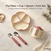 Cubkins 4-piece baby feeding set in Raspberry — silicone suction plate, sensory straw training cup, 304-grade steel spoon and fork with silicone handles, for ages 6 months to 3 years