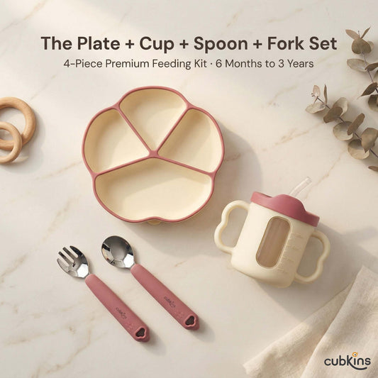 Cubkins 4-piece baby feeding set in Raspberry — silicone suction plate, sensory straw training cup, 304-grade steel spoon and fork with silicone handles, for ages 6 months to 3 years