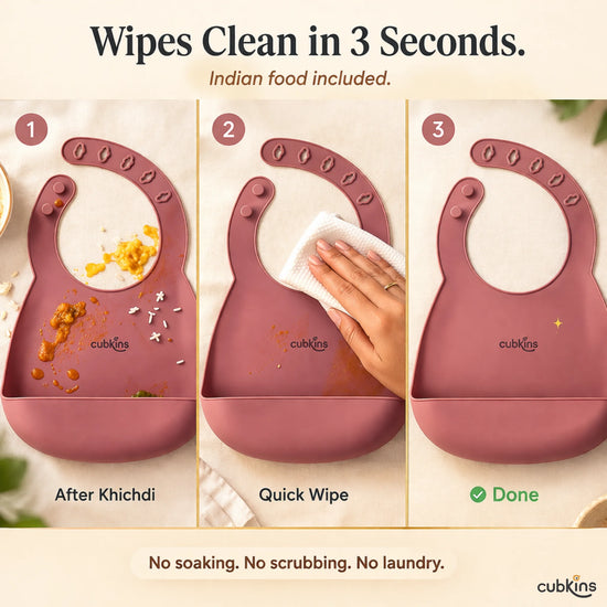 Step-by-step cleaning guide for Cubkins raspberry bib showing before messy, during wiping, and after clean in 3 seconds with Indian food