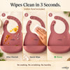Step-by-step cleaning guide for Cubkins raspberry bib showing before messy, during wiping, and after clean in 3 seconds with Indian food