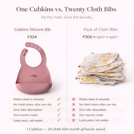 Cost and benefit comparison chart of Cubkins raspberry silicone bib versus cloth bibs showing no haldi stains, zero odor absorption, and durability advantages