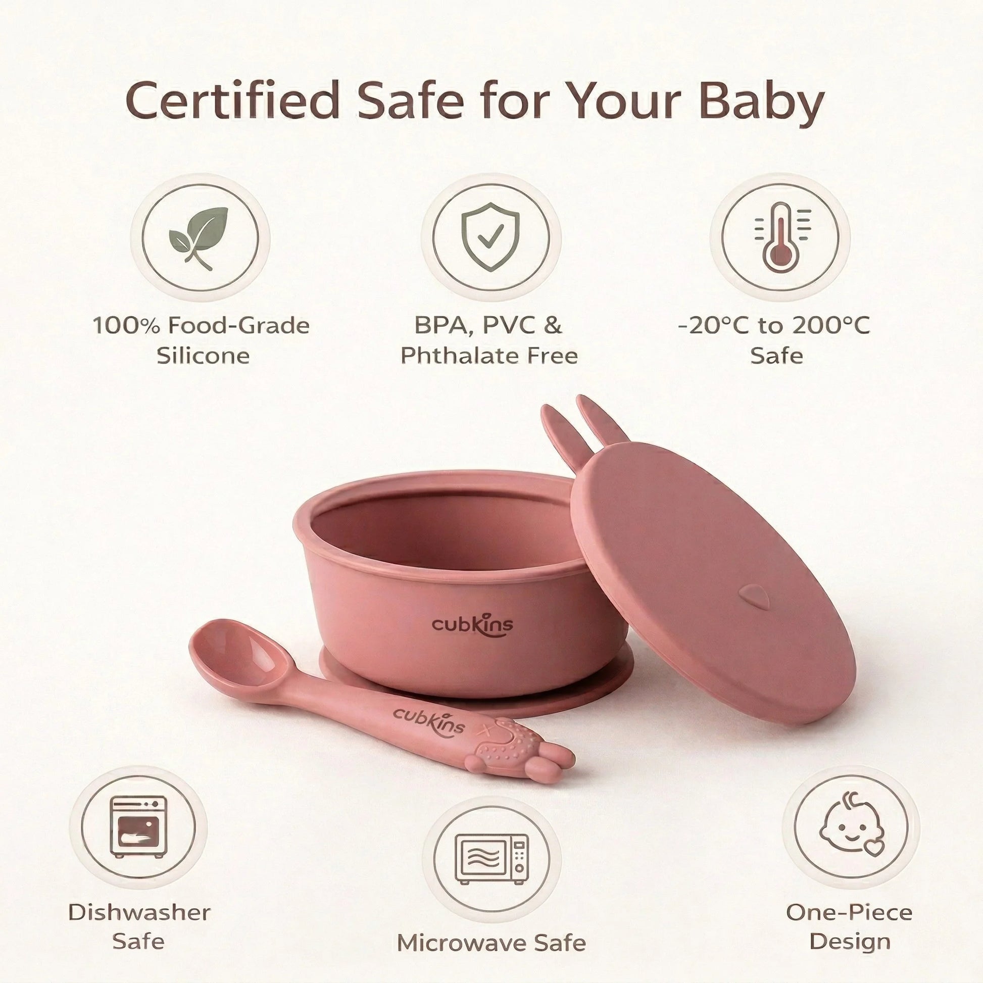 Cubkins raspberry baby bowl set safety certifications BPA free food-grade silicone dishwasher microwave safe