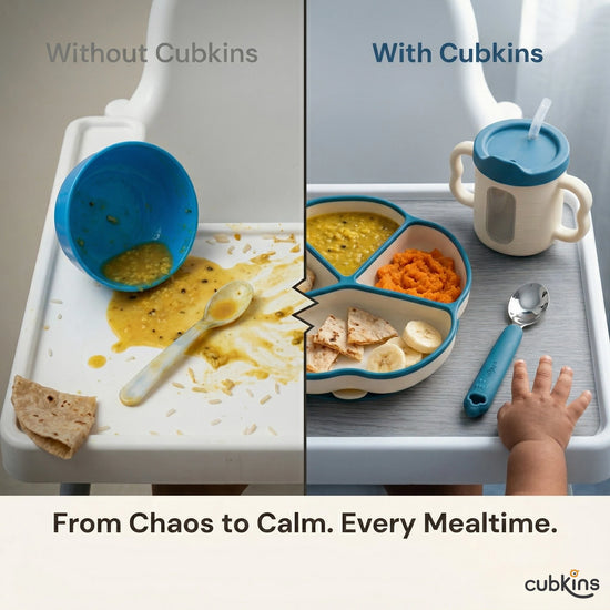 Split-screen comparison showing spilled dal and overturned bowl without Cubkins on the left, versus a neatly locked blue Cubkins suction plate with Indian foods and training cup on the right — captioned From Chaos to Calm. Every Mealtime.