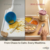 Split-screen comparison showing spilled dal and overturned bowl without Cubkins on the left, versus a neatly locked raspberry Cubkins suction plate with Indian foods and training cup on the right — captioned From Chaos to Calm. Every Mealtime.