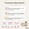 Cubkins social proof composite in Raspberry — three 5-star verified reviews from Indian parents in Mumbai, Bangalore and Delhi, 4.8 average rating, 2,500 plus happy families, age range 6 months to 3 years, with FDA, BPA-free, BIS certified, food grade, phthalate-free and lead-free trust badges