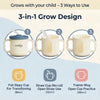 Infographic showing Cubkins blue training cup used 3 ways: as a full sippy cup for 6 months plus, straw cup without lid for 12 months plus, and open trainer mug for 18 months plus